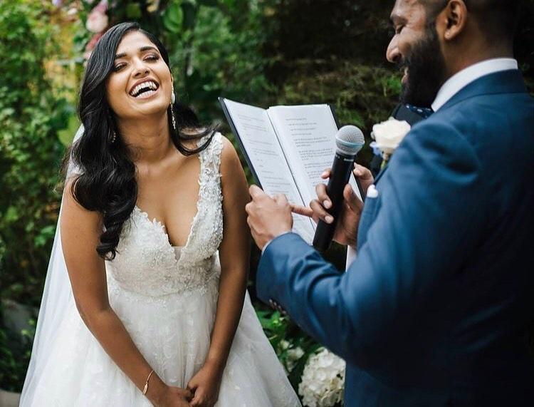 Couple sharing wedding inside jokes