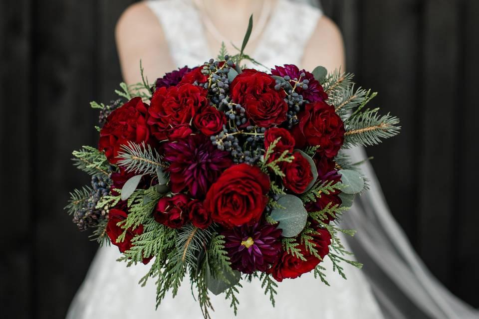 Deep red winter wedding bouquet