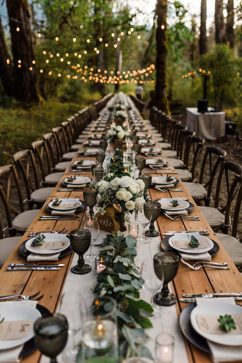 Woodland green brown outdoor wedding setting